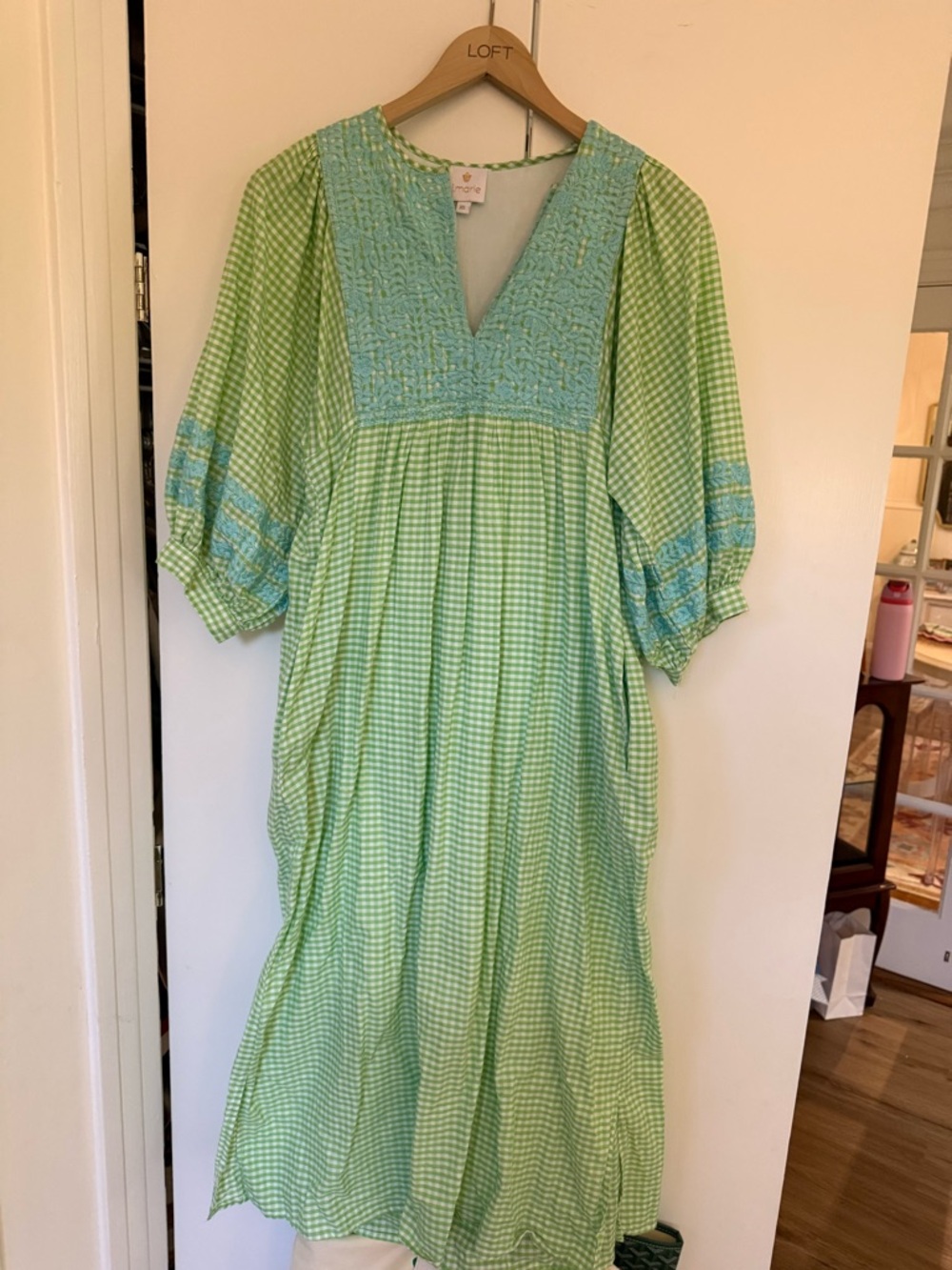j marie Dillards Green Gingham Midi Dress with Blue Embroidered Yoke